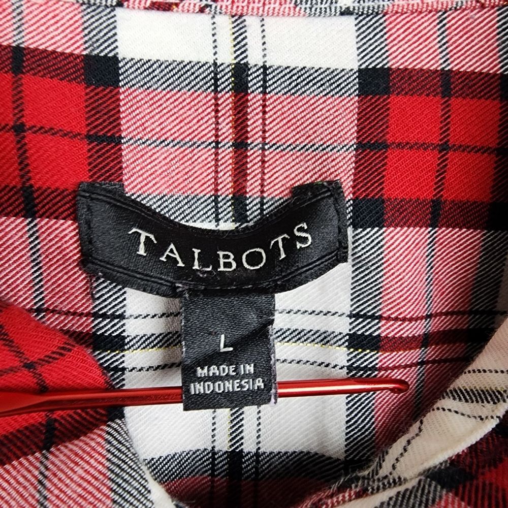 Talbots Plaid Button up Shirt Metallic Blouse Top Red White Black Cotton Size L - Picture 2 of 13